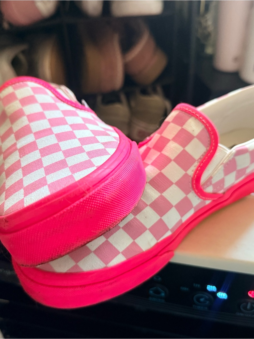 Adult Slip-On Checkerboard Sneakers in Hot Pink and White